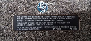 Picture of New Surplus Piper Aircraft Instructional Placard, p/n 582-540, 69669-086