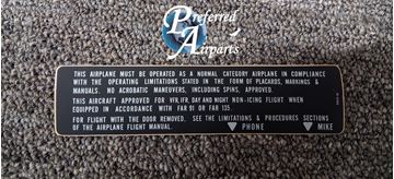 Picture of New Surplus Piper Aircraft Instructional Placard, p/n 582-540, 69669-086