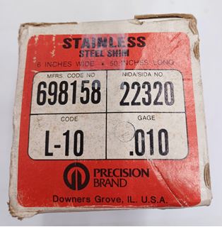 Picture of New Precision Stainless Steel Shim, 6" x 50" x 0.010", 22320, 698158, L-10